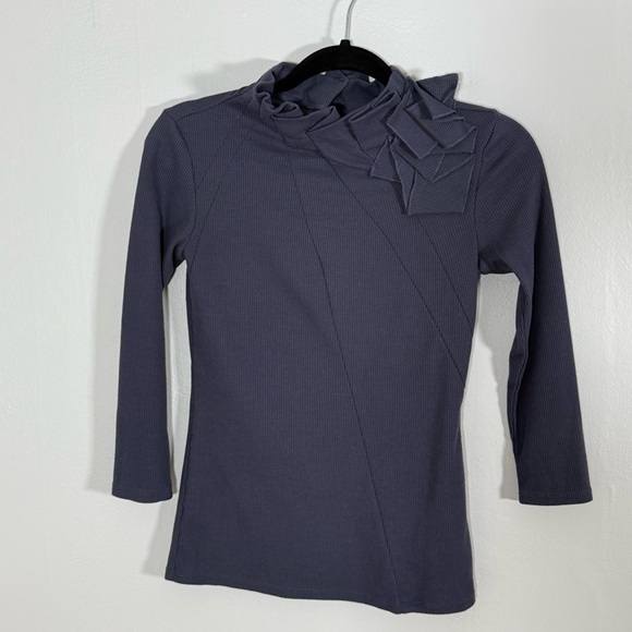 Vivienne Tam Sculptural Neckline Ribbed Blue Grey Top XS - Picture 2 of 4